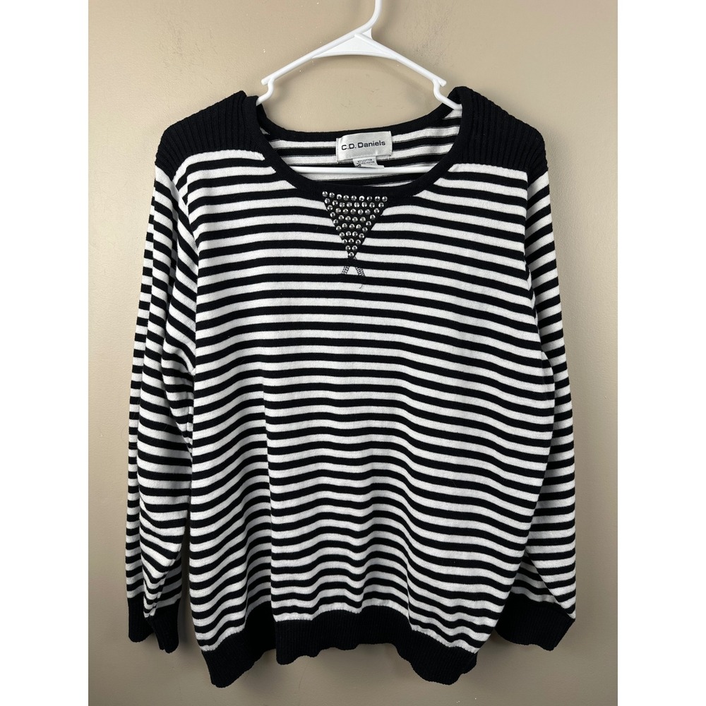 C.D. Daniels Women 1X Black White Striped Studded Knit‎ Pullover Sweater Top